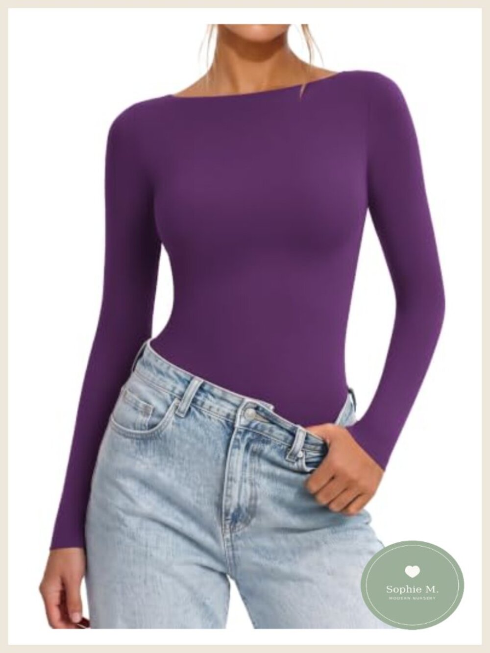 Long Sleeve Bodysuit Boat Neck Slim Fit Double Lined Snap Closure